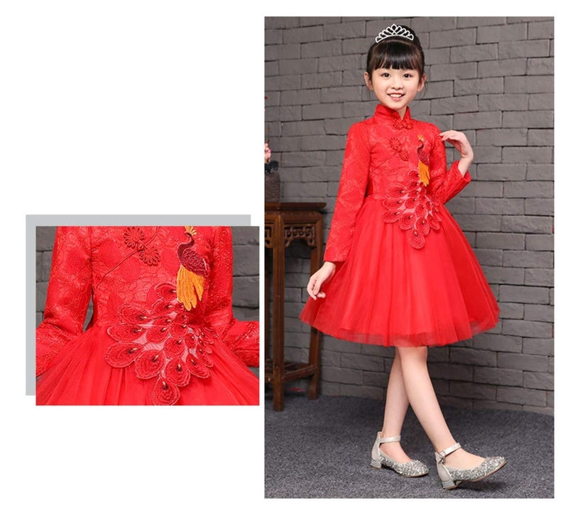 ELUCKFACE Girls Chinese Cheongsam Dress - Retro Embroidery Tutu Princess Dress for Birthday, Pageant & Chinese New Year Red 4-5Years - Image 4